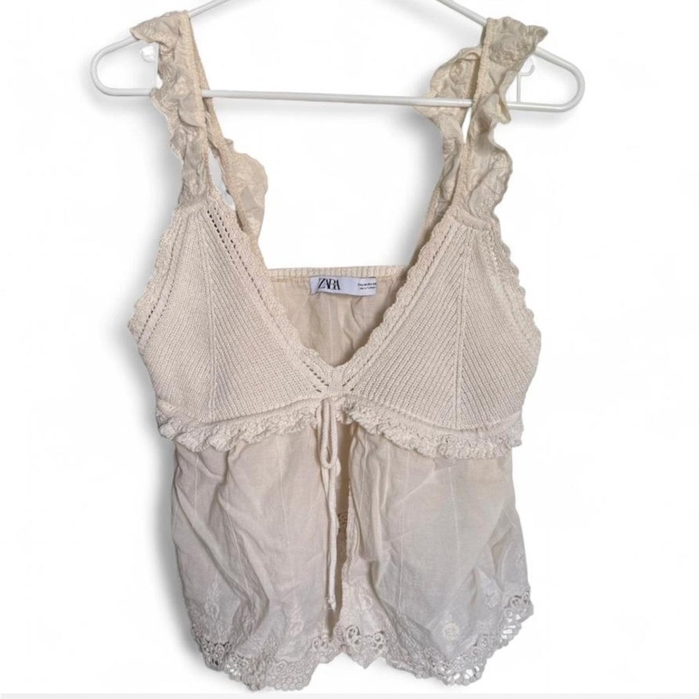 Zara Cream Crochet Ruffle Flowy Tie-Front Top Size M Cotton Coquette